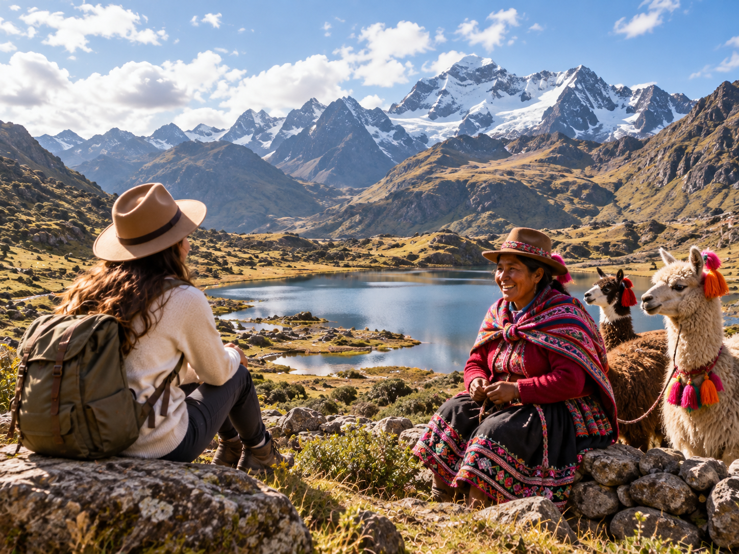 A traveler and a local woman beside an Andean lake.