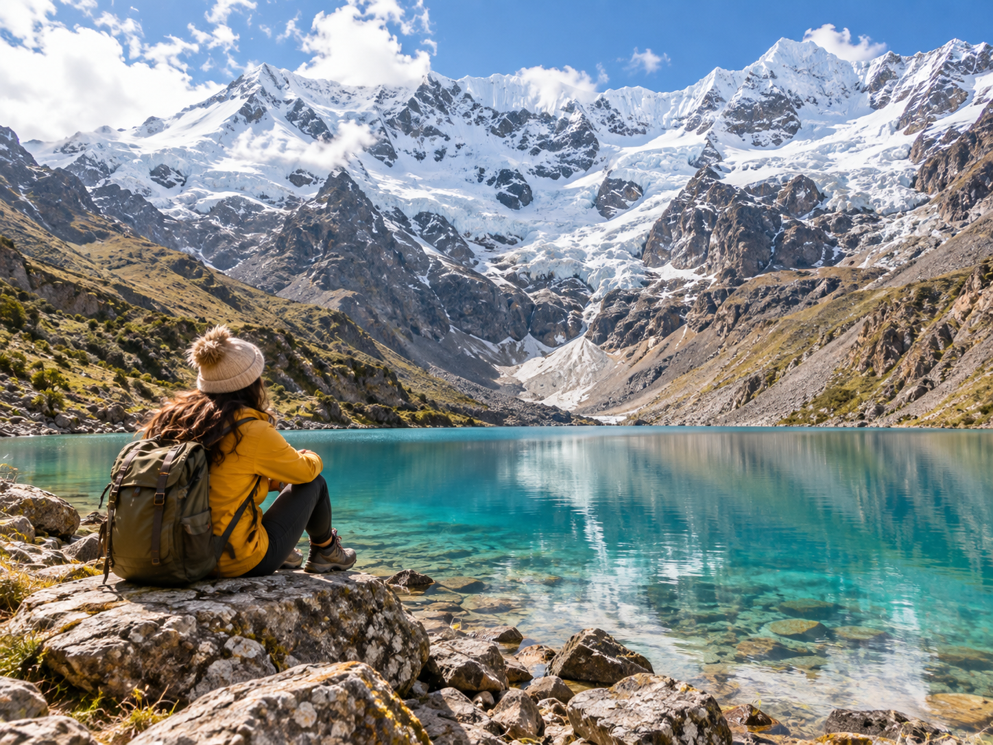 A traveler beside a turquoise Andean glacial lake.