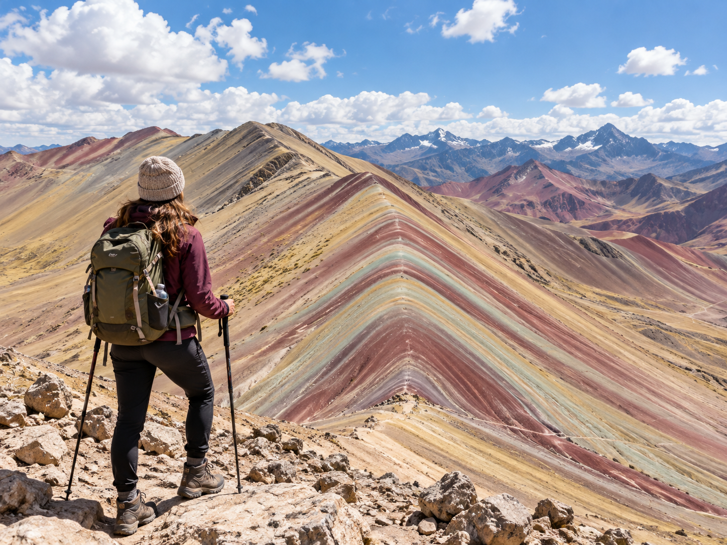 A hiker overlooking Rainbow Mountain.