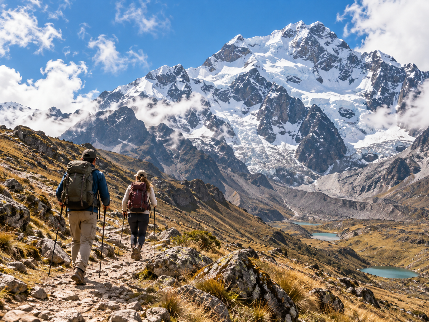 Hikers exploring a high Andean mountain trail.