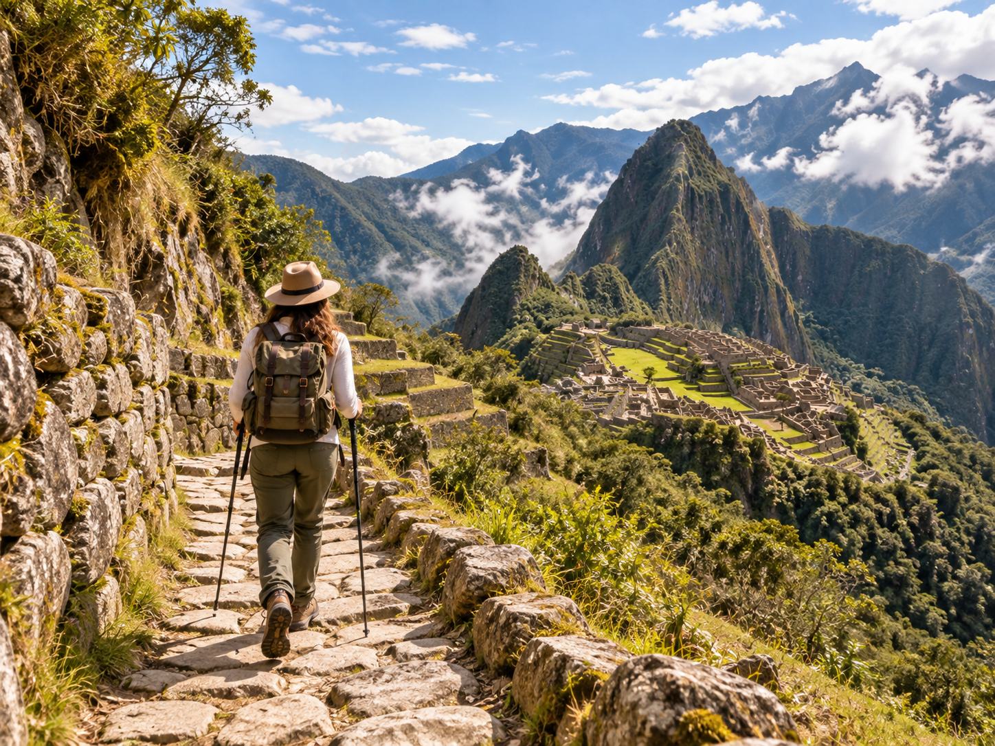 A hiker on an ancient stone trail overlooking Machu Picchu.