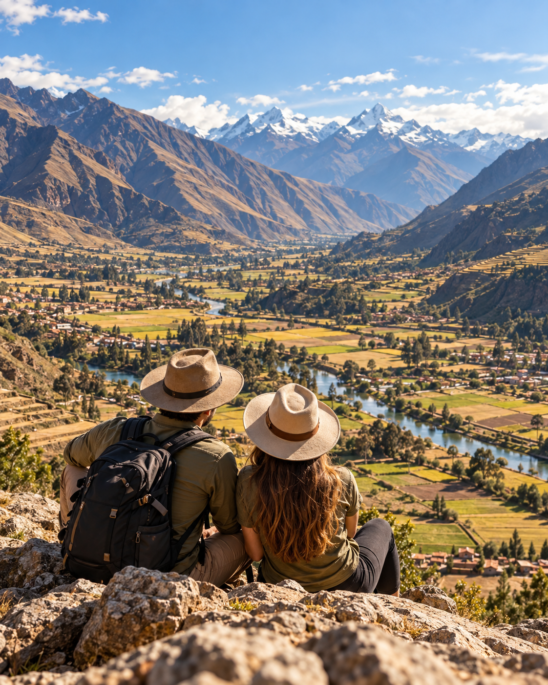 Two travelers enjoying an Andean valley view.