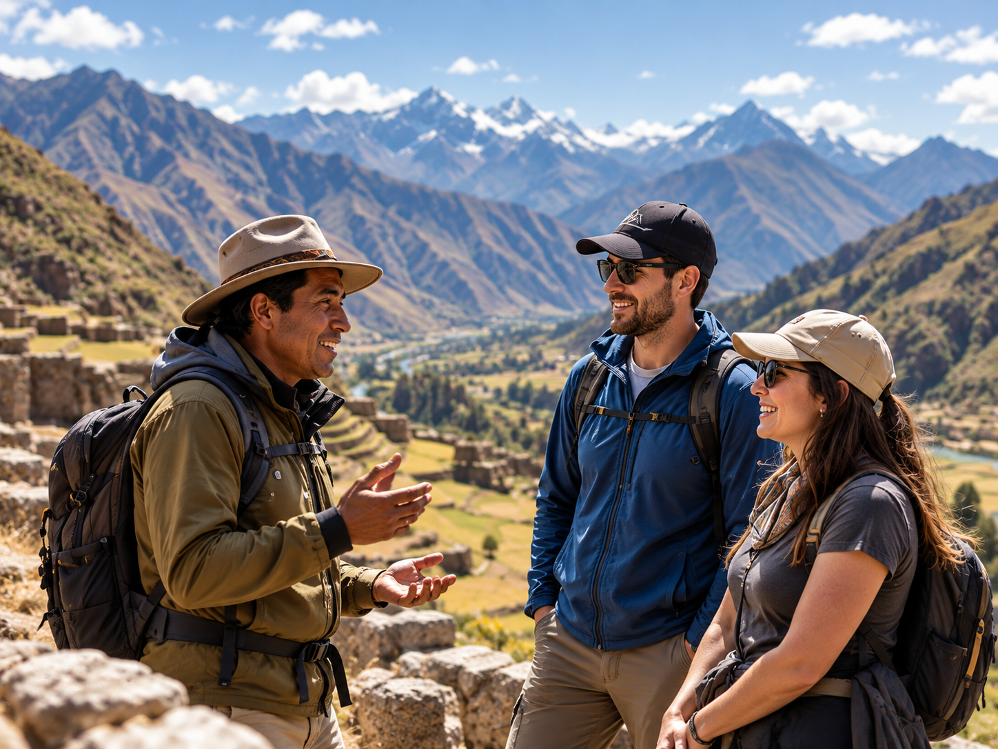 A guide talking with two travelers in the Andes.