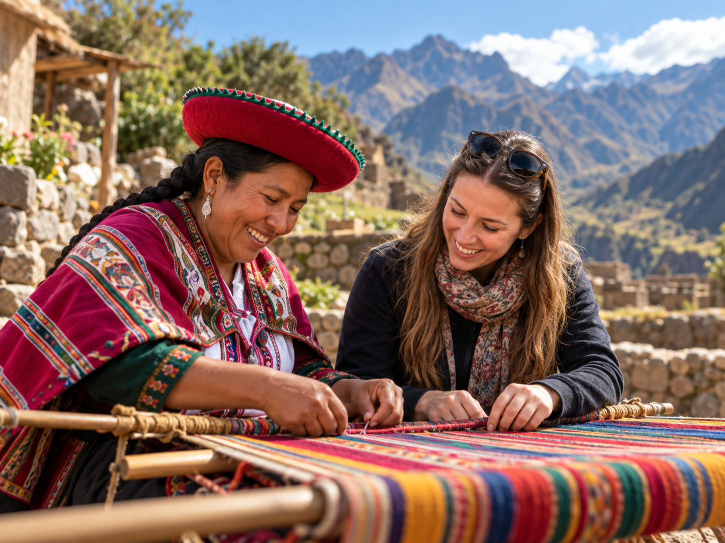 A traveler learning about weaving with a local artisan.
