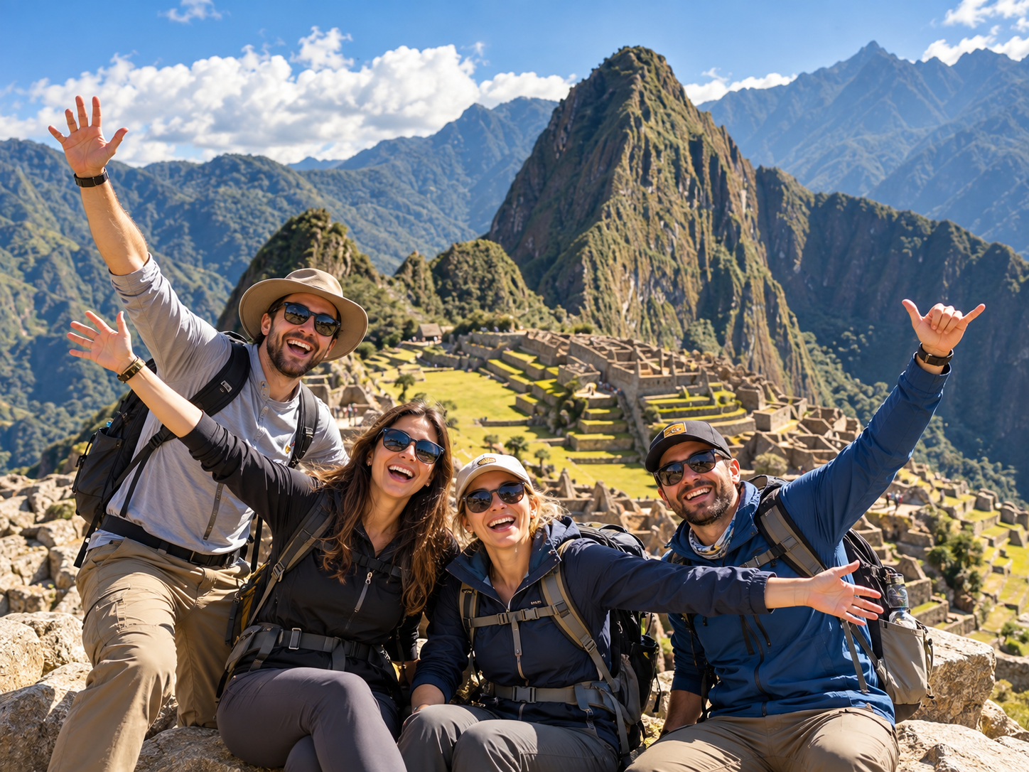 Happy travelers in front of Machu Picchu.