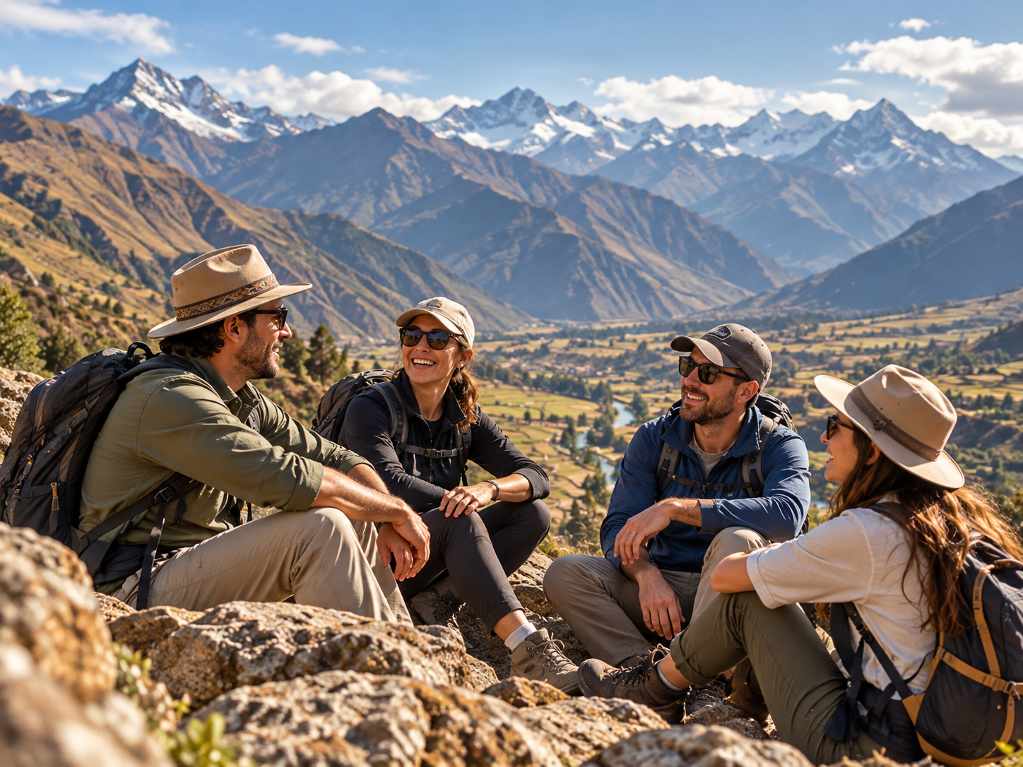 A small group sharing a peaceful moment in the Andes.